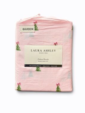 NWT Pink Gingham 4 Pc Laura Ashley Queen Christmas Trees & Pink Bows Sheets